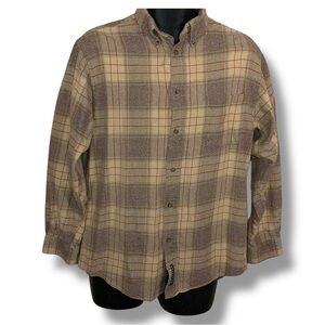 Vintage Medium Consensus Mens Flannel Shirt Long Sleeve Beige Plaid